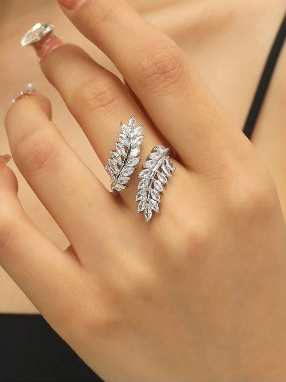Silver Leaf Crystal Adjustable Ring